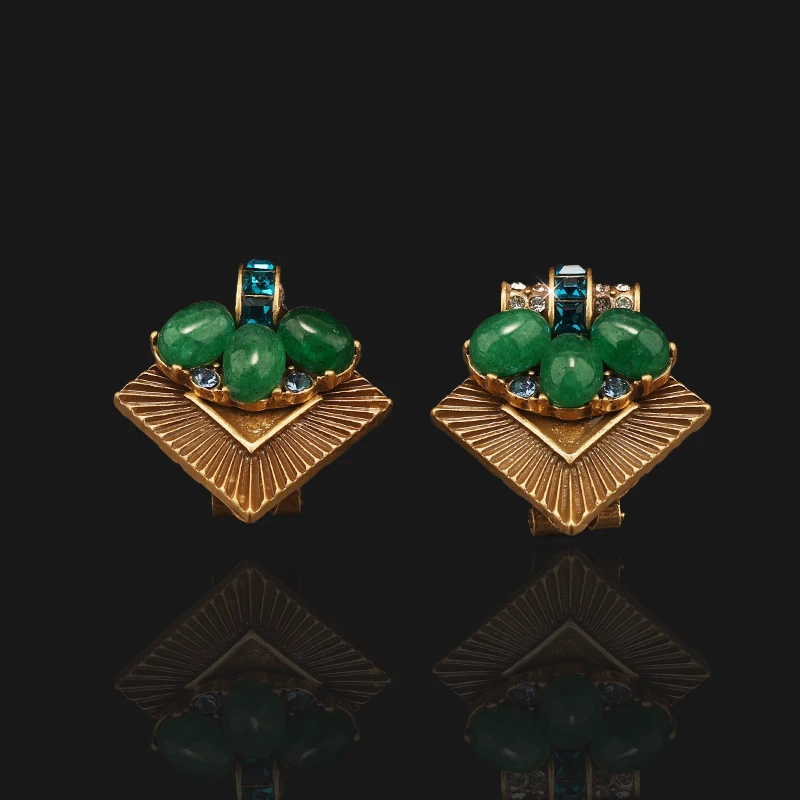 铜合金合成锆石耳饰 设计师款 简约大气 绿色 耳环