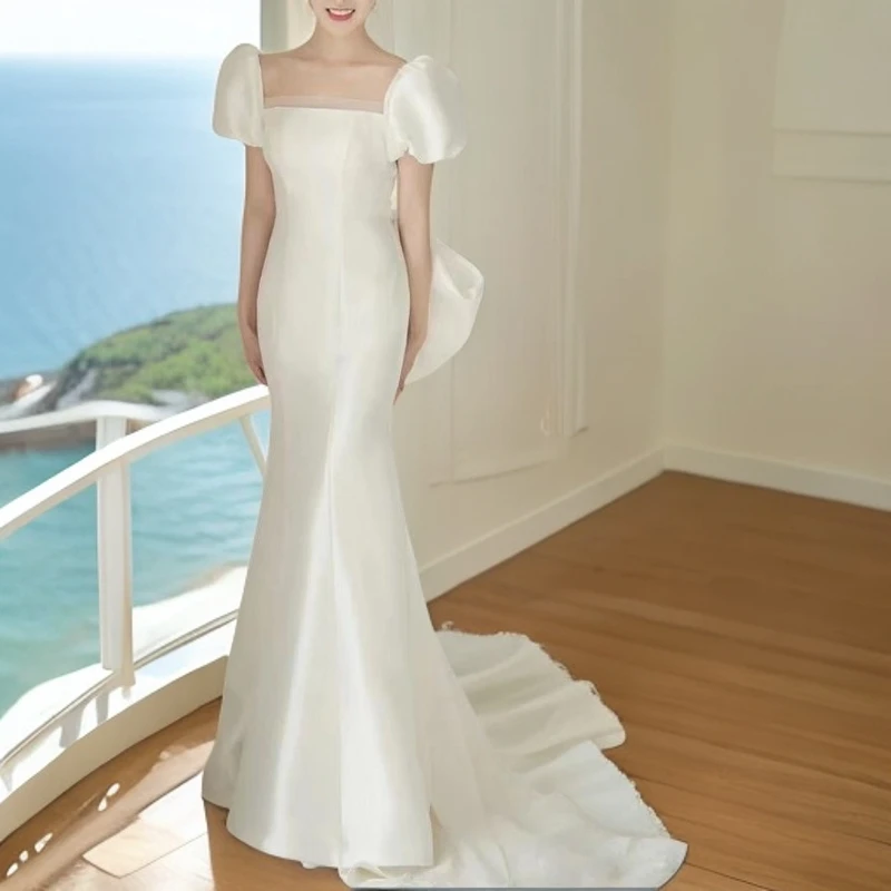 露背短袖镂空女方领小拖尾裙婚纱拖尾森系欧若动感风气质小个子