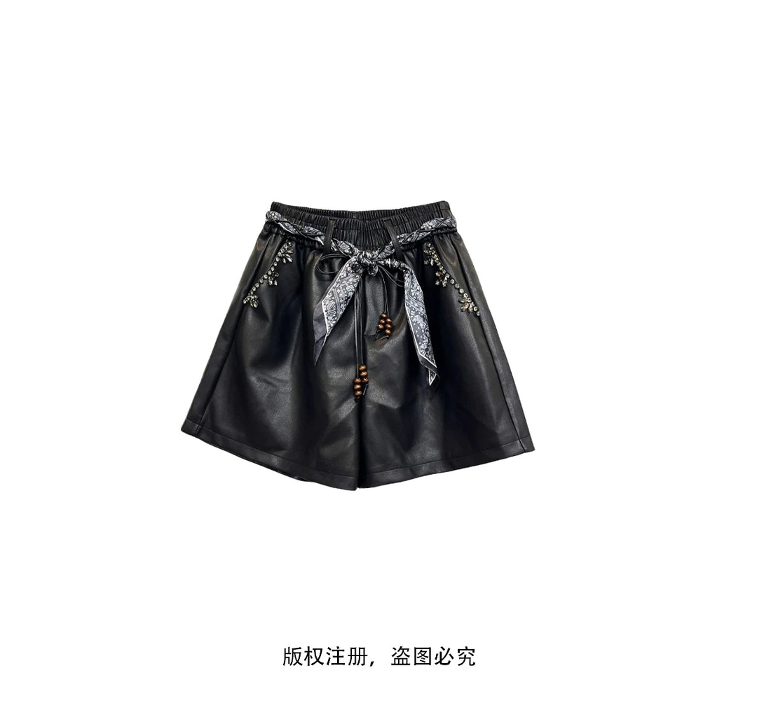 手工定钻高奢短裤时尚新款设计款绑带短皮裤25092607
