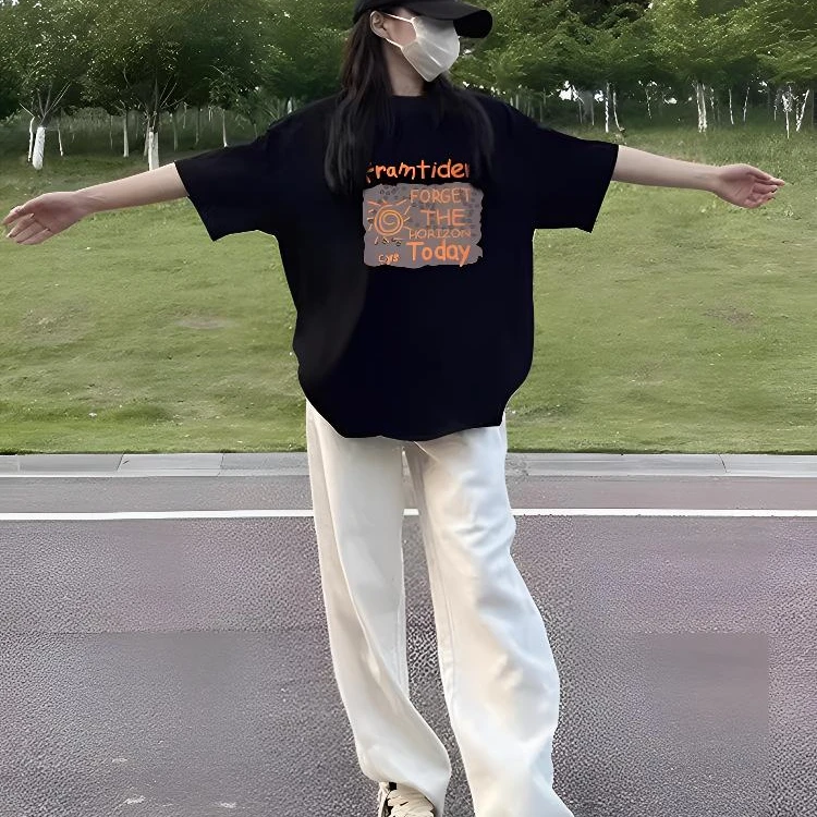 黑色显瘦纯棉短袖t恤女圆领2025新款宽松小众设计感体恤半袖上衣