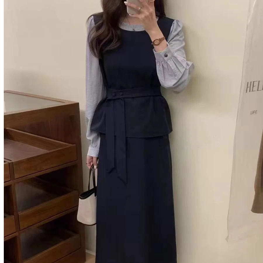 2025秋季新款韩系女洋气减龄百搭显瘦时尚套装假两件长裙两件套