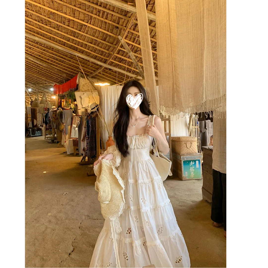 设计感镂空露腰系带蝴蝶结a字连衣裙