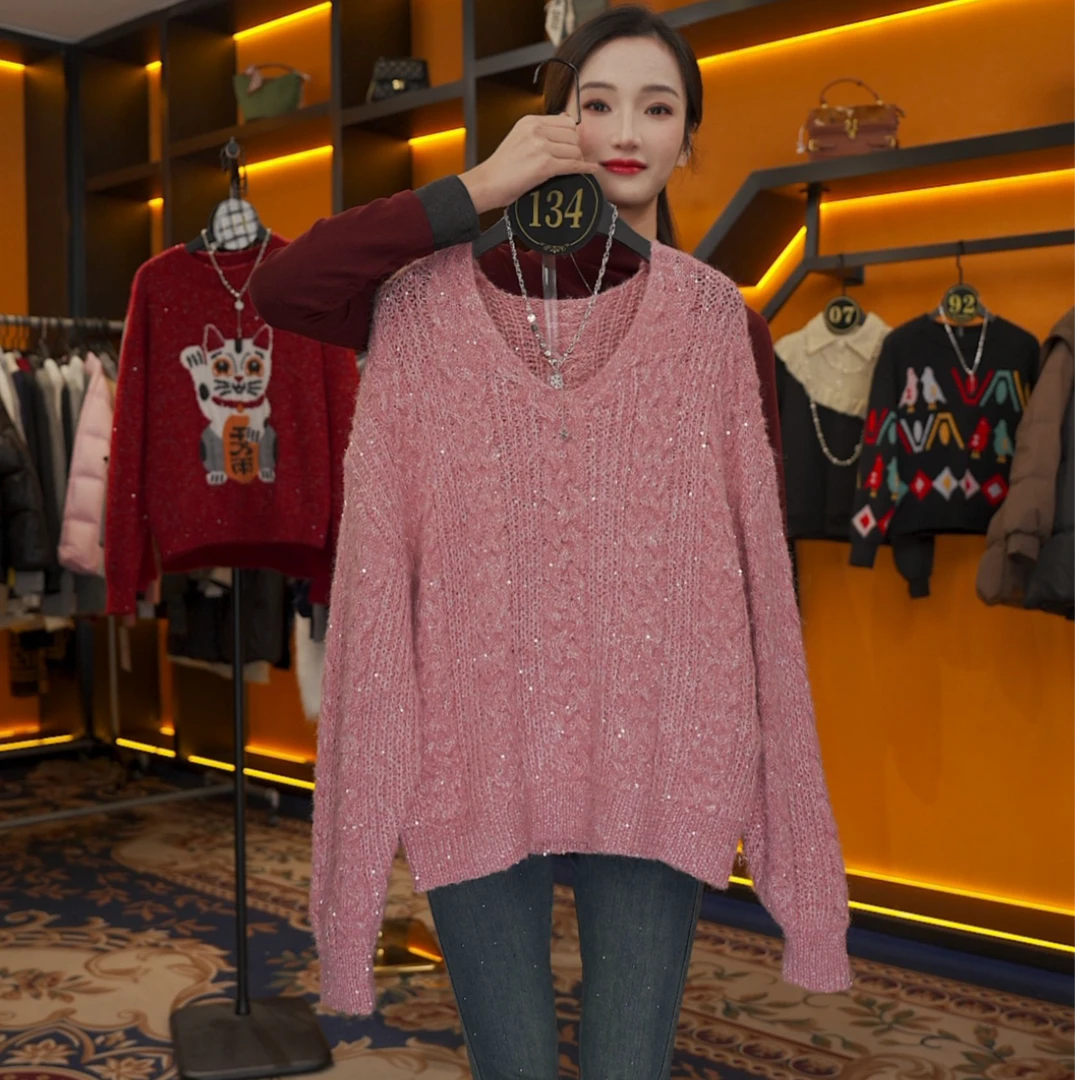 【Linda专属】【39】春季软糯慵懒时尚洋气宽松亮片针织毛衣JC-A2835