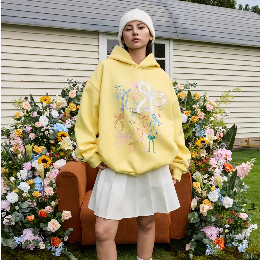 HACR 可爱手绘蕾丝手打蝴蝶结少女连帽套头卫衣