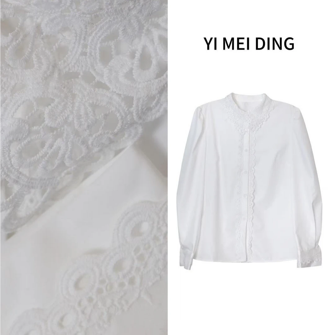 CY11依美丁时尚法式甜美镂空花边泡泡袖百搭衬衣