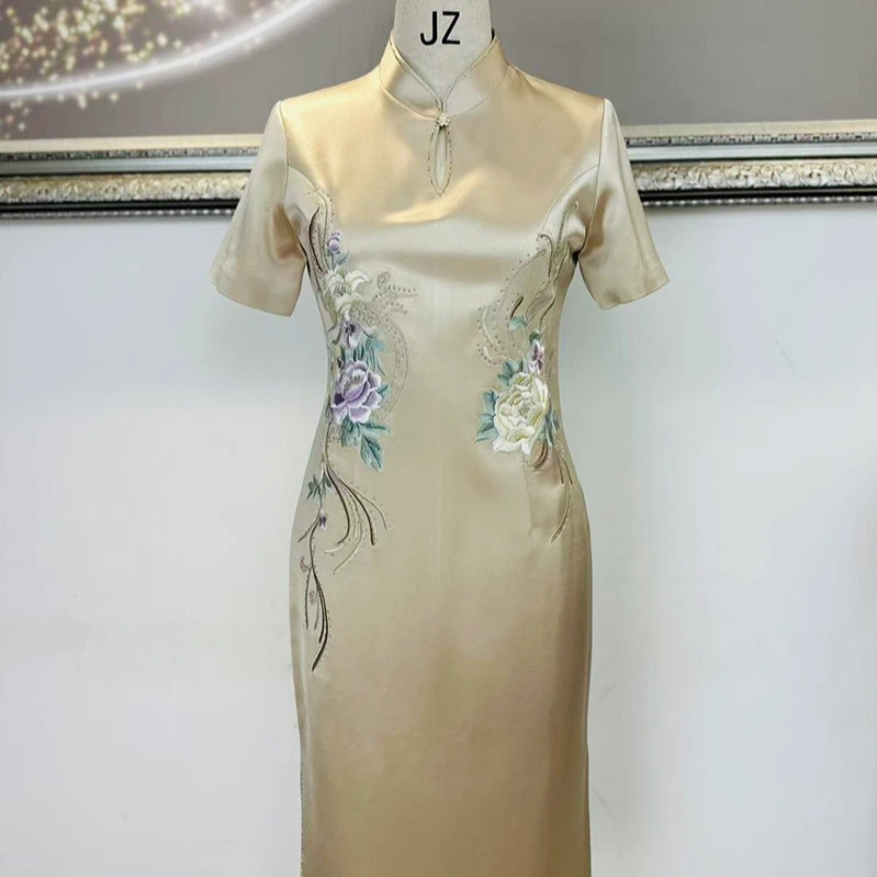 短袖优雅风香槟色时尚刺绣牡丹日常气质中长款复古苏州上等旗袍