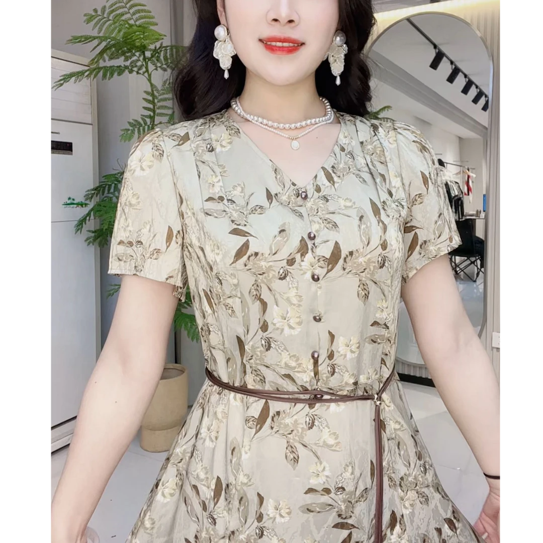 [依百万]108印花系扣休闲风连衣裙女装显瘦旗袍中长款夏季气质