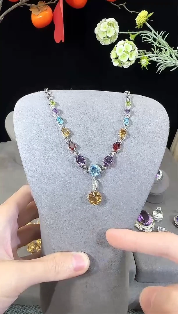银S925镶嵌颈饰水晶10mm多彩宝套链高级款