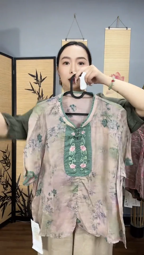 国风复古苎麻刺绣印花衬衫