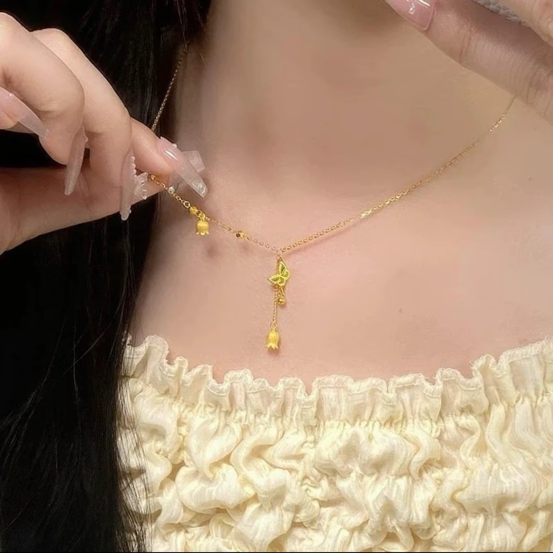 铜合金项链 新中式时尚百搭流苏蝴蝶铃兰花轻奢锁骨项链女