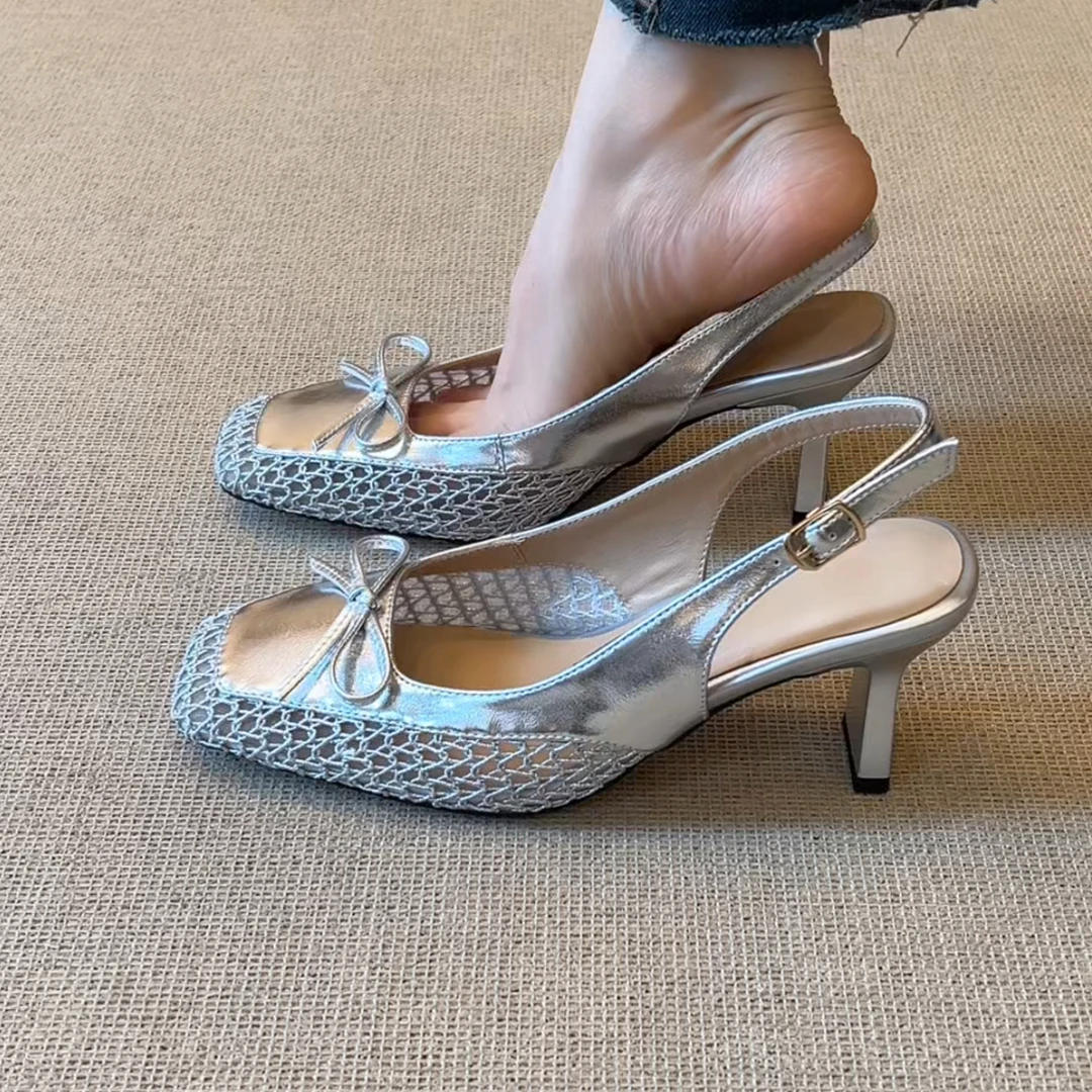 RubyL/7cm法式优雅风网面拼接蝴蝶结百搭舒适纯色方头高跟凉鞋