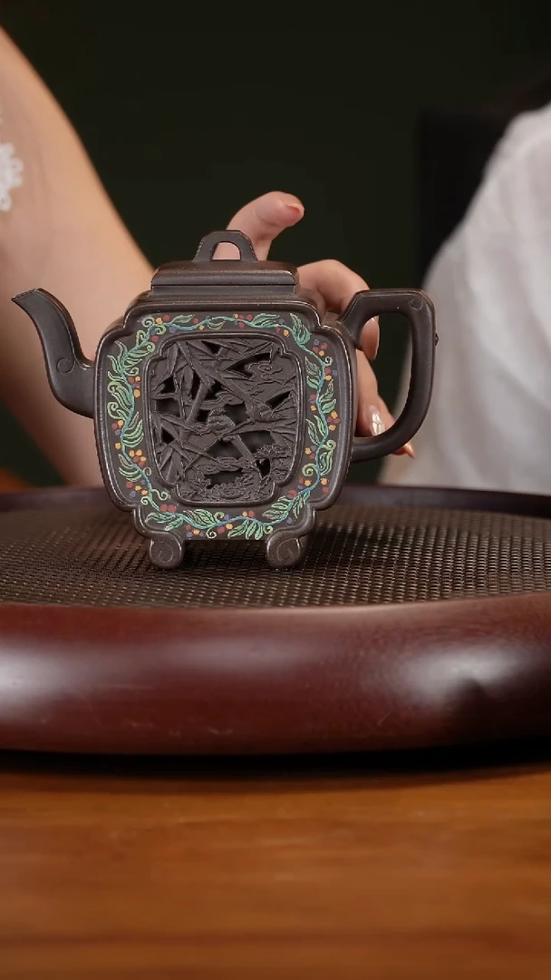 茶壶紫砂58XXW镂空四方竹 老紫泥400cc