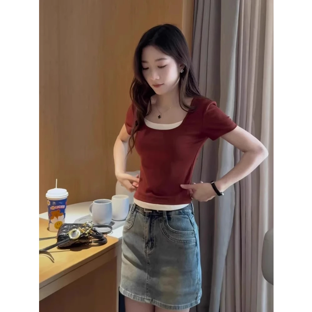 芯娇晴2025夏季新款时尚u型领假两件短袖T恤女装时髦修身显瘦上衣