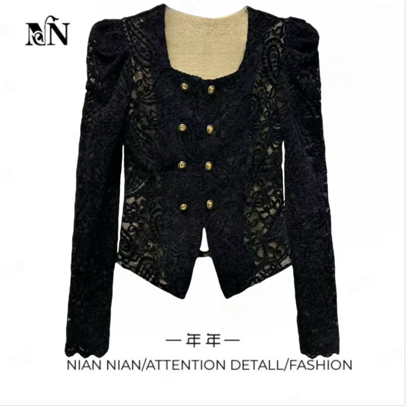 〖幕染心梅〗年年2024冬季新款韩版显瘦加绒加厚双排扣方领蕾丝衫