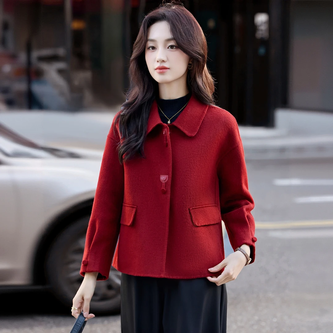 玛古芭高级感红色毛呢外套女短款2025秋冬新款小个子减龄毛呢大衣