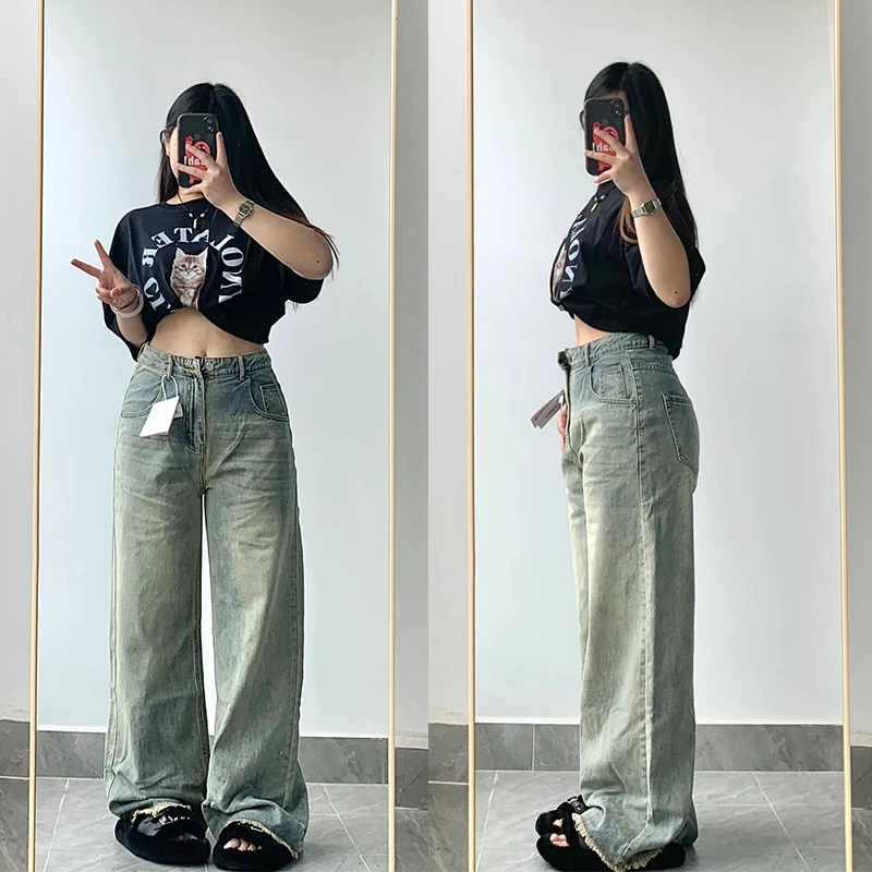 梨形身材胖mm黄泥色复古毛边牛仔裤女春夏大码裤子显瘦阔腿直筒裤