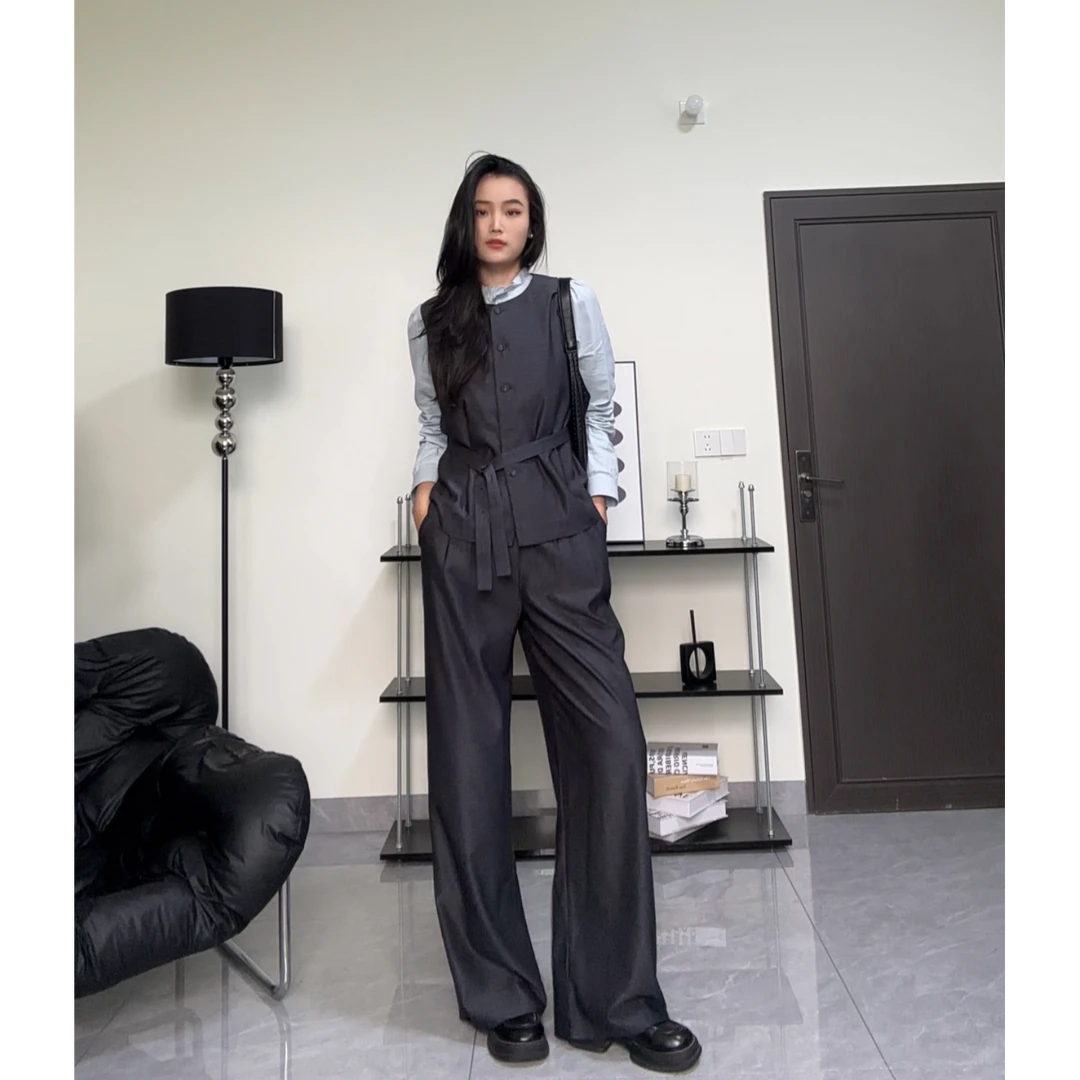 珍珍高个子【通勤套装】加长衬衫拼接腰带上衣➕直筒拖地裤套装女秋