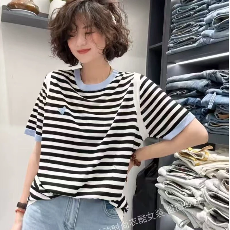 56723＃夏季新款条纹毛针织衫韩版女小众刺绣爱心圆领拼接休闲百搭