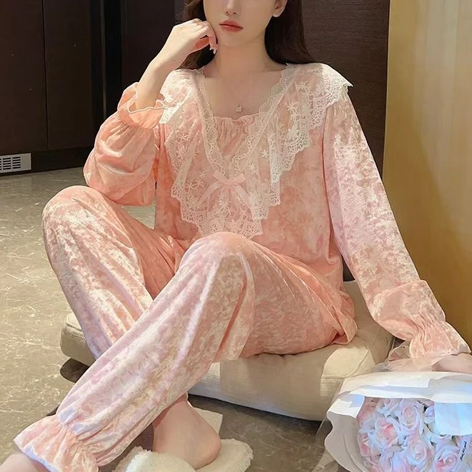 睡衣女士春秋款金丝绒网红款公主风冬季蕾丝花边家居服套装6014