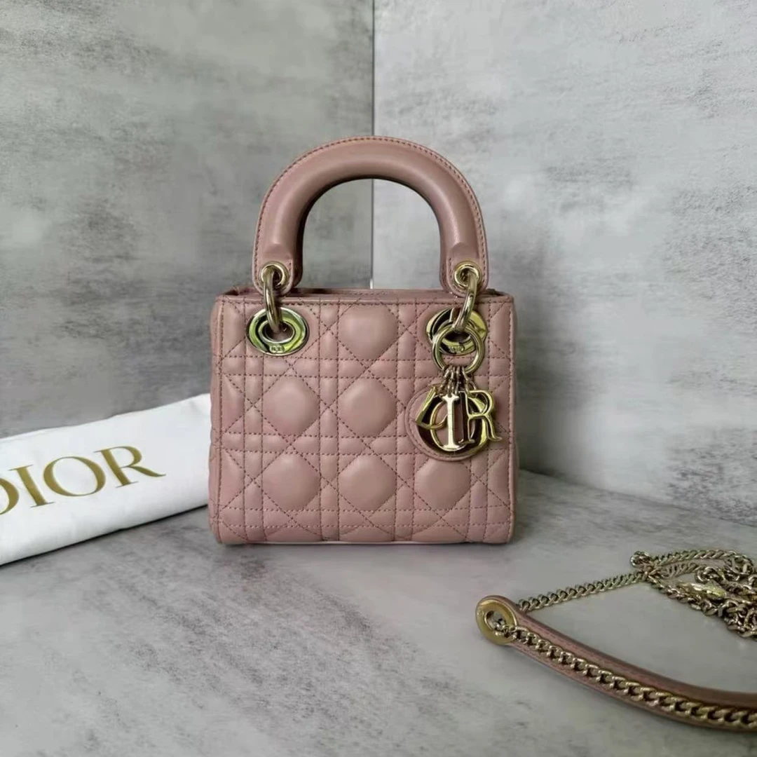 95新 DIOR/迪奥 GGS三格戴妃干枯玫瑰粉金扣羊皮芯片11840971