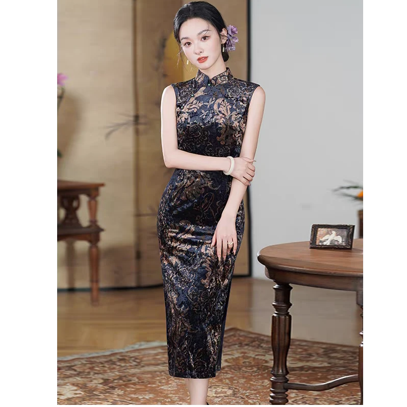 TJ-25101-新中式复古无袖Z丝绒优雅旗袍