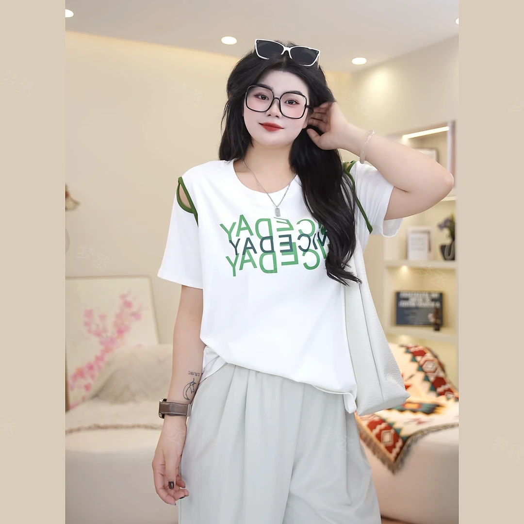 梦丞-夏季圆领大码女装镂空字母印花宽松显瘦遮肉百搭T恤上衣女