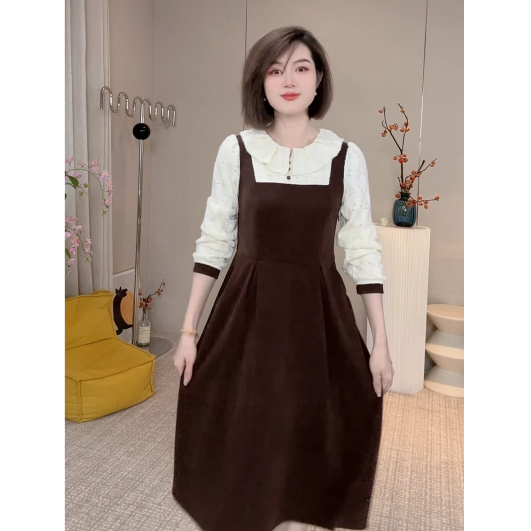 【简爱】新款时尚拼接假两件气质修身收腰显瘦长袖连衣裙春法式