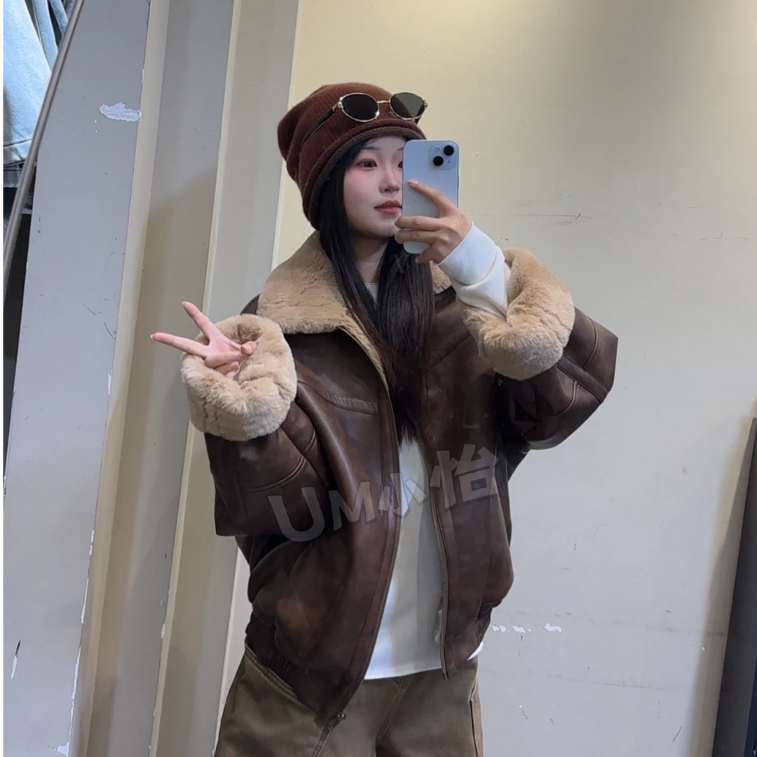 鑫怡定制【原宿秘境】复古小众女冬季设计感原宿风加绒加厚皮衣