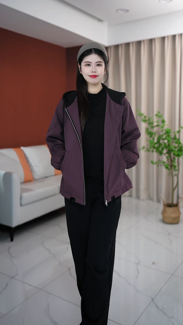 509紫春季新款粉丝福利紫色洋气大码连帽短装外套