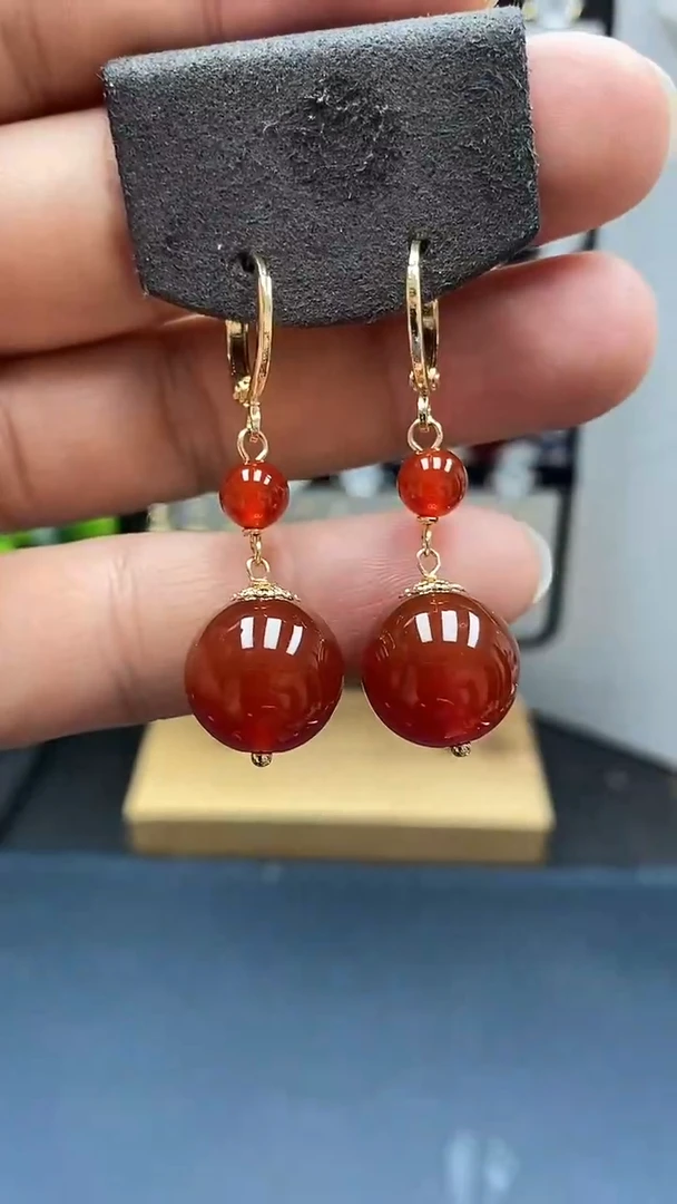 南红玛瑙银S925镀金镶嵌耳饰尺寸14mm耳扣连珠02