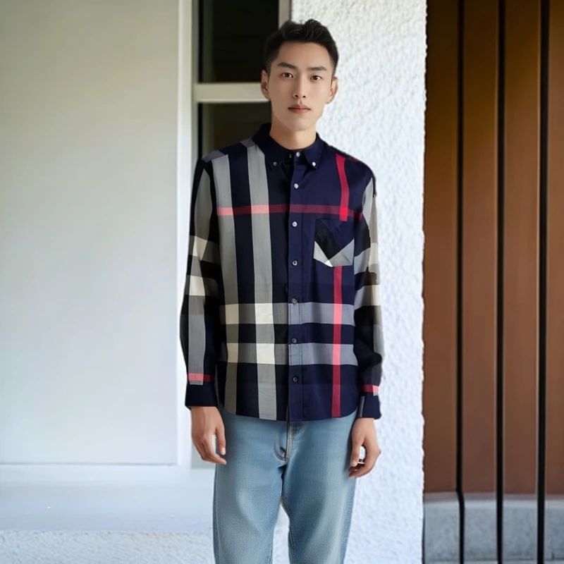 95新 BURBERRY/博柏利 8186991 格纹翻领男士长袖衬衫 蓝黑色 S码