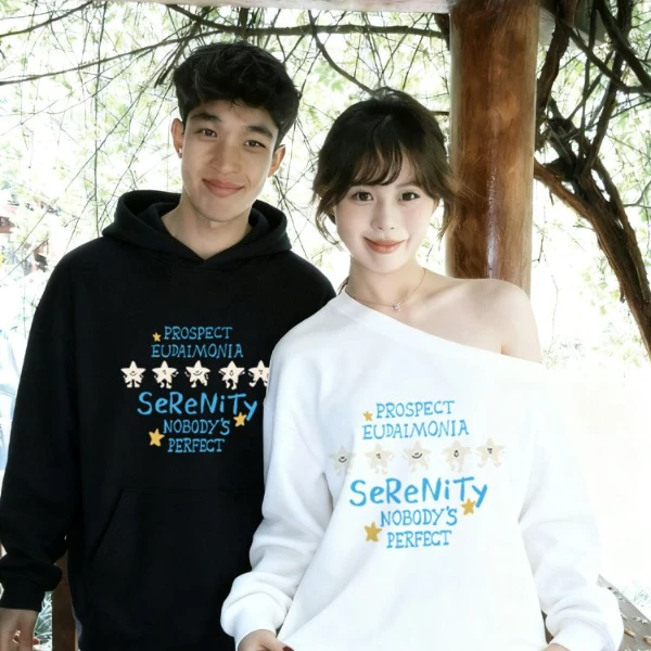 情侣装卫衣秋冬季新款一男一女斜肩纯棉卫衣宽松韩版潮流情侣卫衣