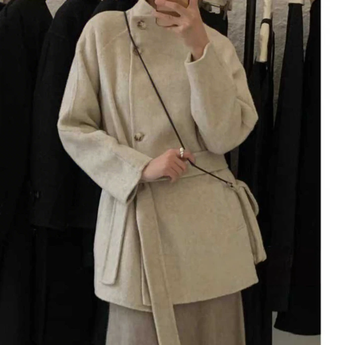 2877配包包双面大衣欧货2024秋冬新款系腰带减龄洋气呢外套女