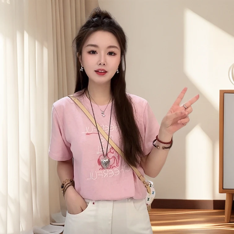宿慕SUMU夏季刺绣短袖T恤女款2025新款舒适圆领重工串珠洋气衣服