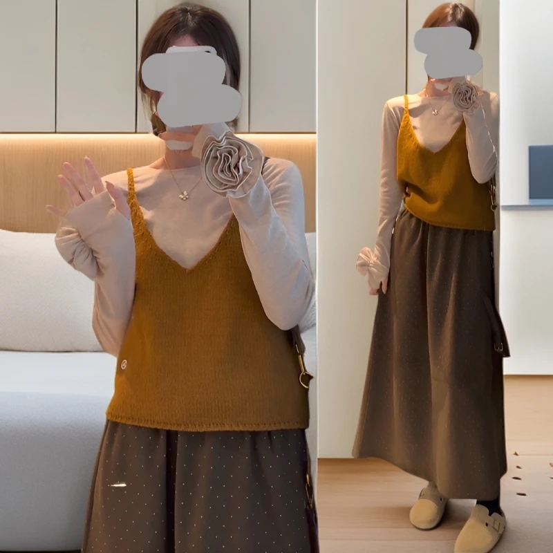 小香风T恤吊带背心半身裙套装女春秋减龄三件套气质独特漂亮穿搭