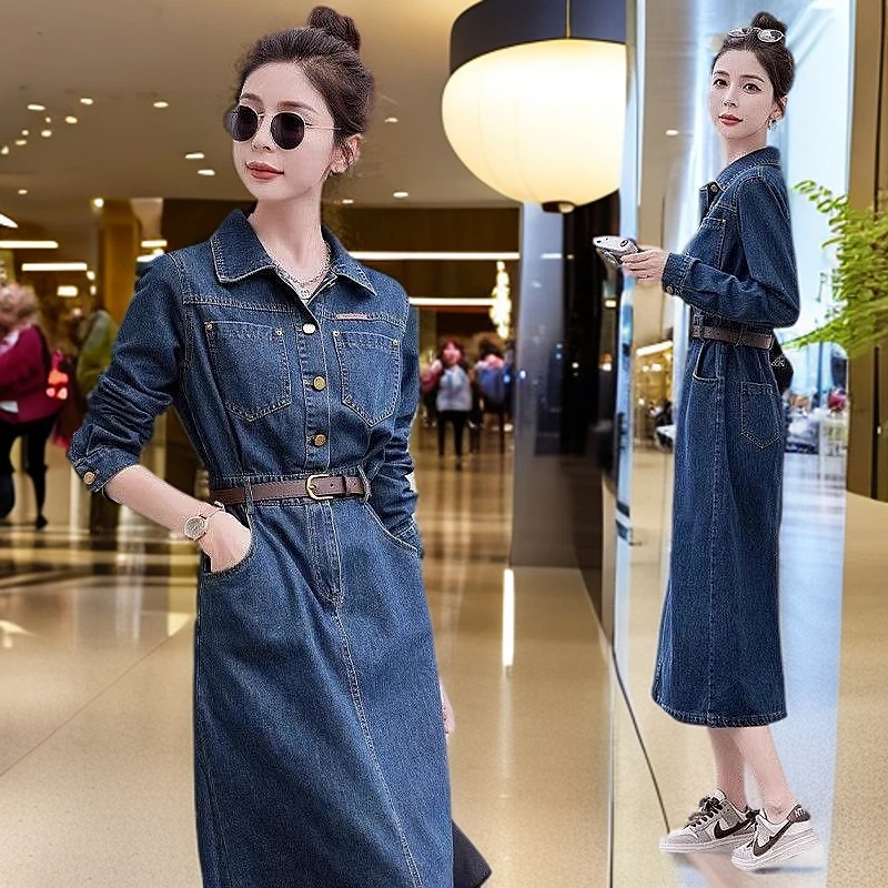 牛仔连衣裙女中长款2025春秋季新款韩版宽松收腰显瘦翻领长裙子潮