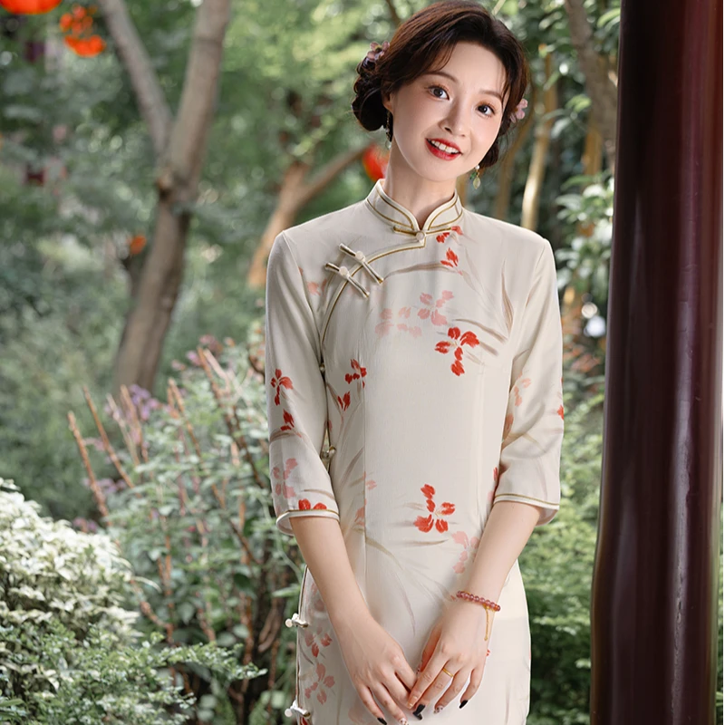 国风新中式长款改良七分袖旗袍秋季2025新款年轻款女复古修身收腰