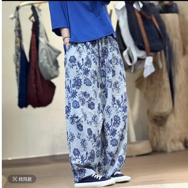 亚麻褶皱设计休闲裤250434