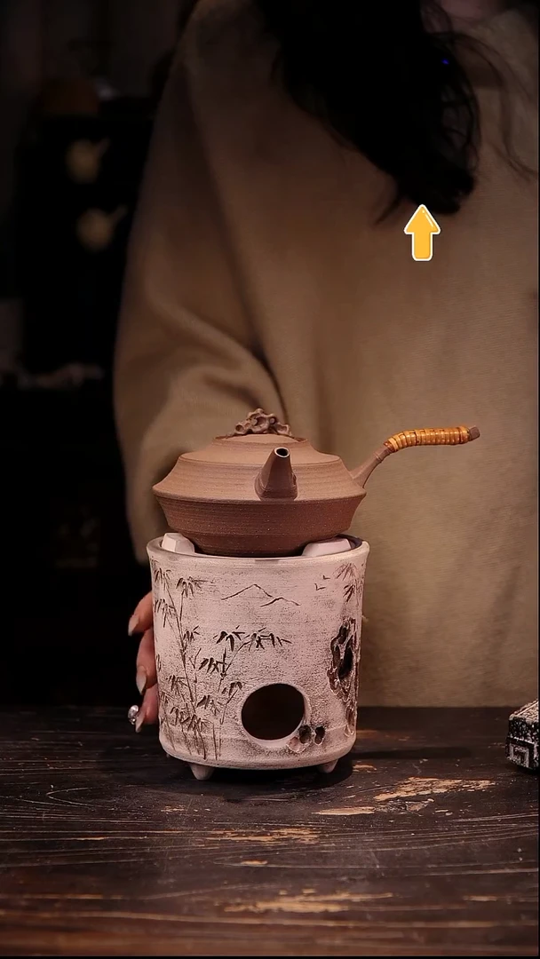 纯手工珊瑚石侧把加白泥三足雕刻炉