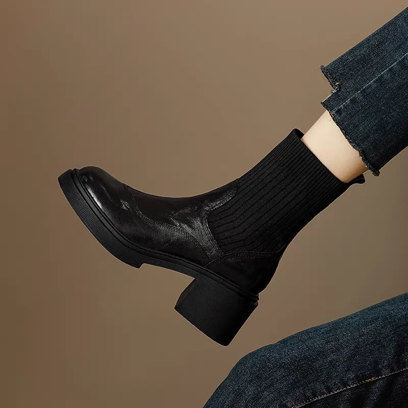 拼接粗跟圆头女新款加绒厚底针织弹力短靴XS602-1