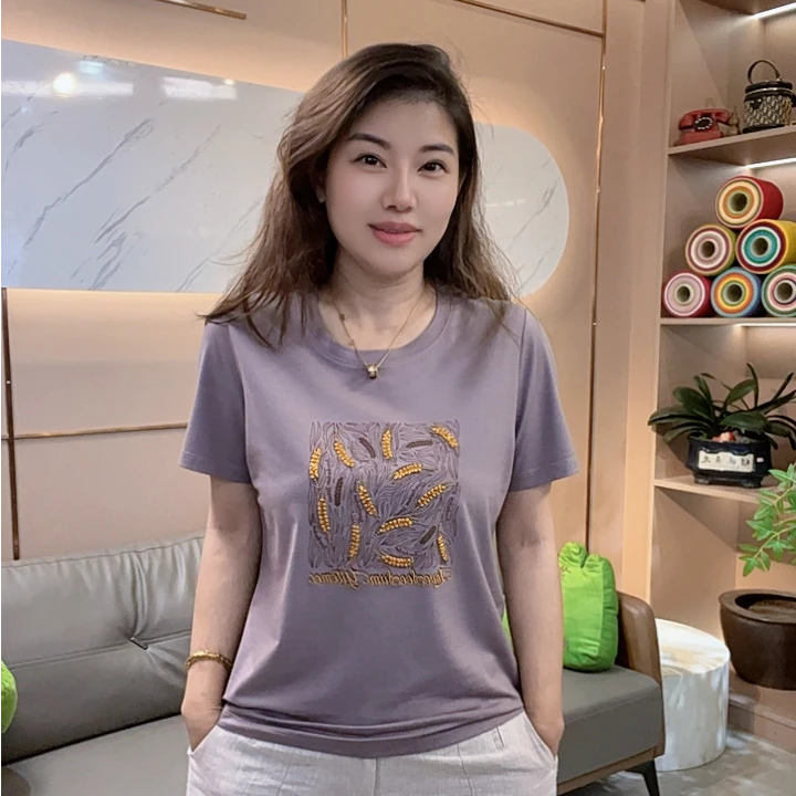 怡特美【穗穗平安】夏季兰精莫代尔+棉刺绣麦穗圆领短袖T恤259838