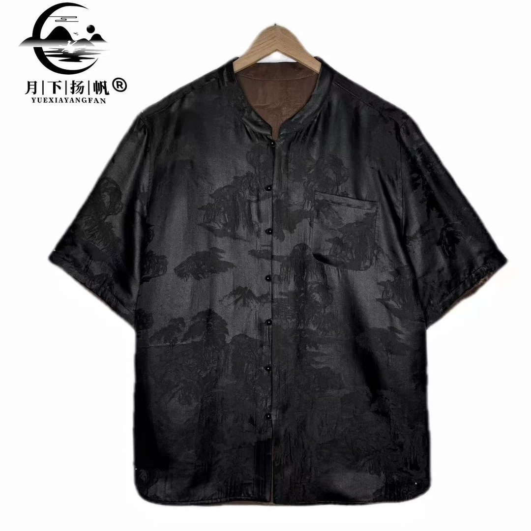 月下扬帆2520新款中式重缎桑蚕丝香云纱双面双穿衬衫