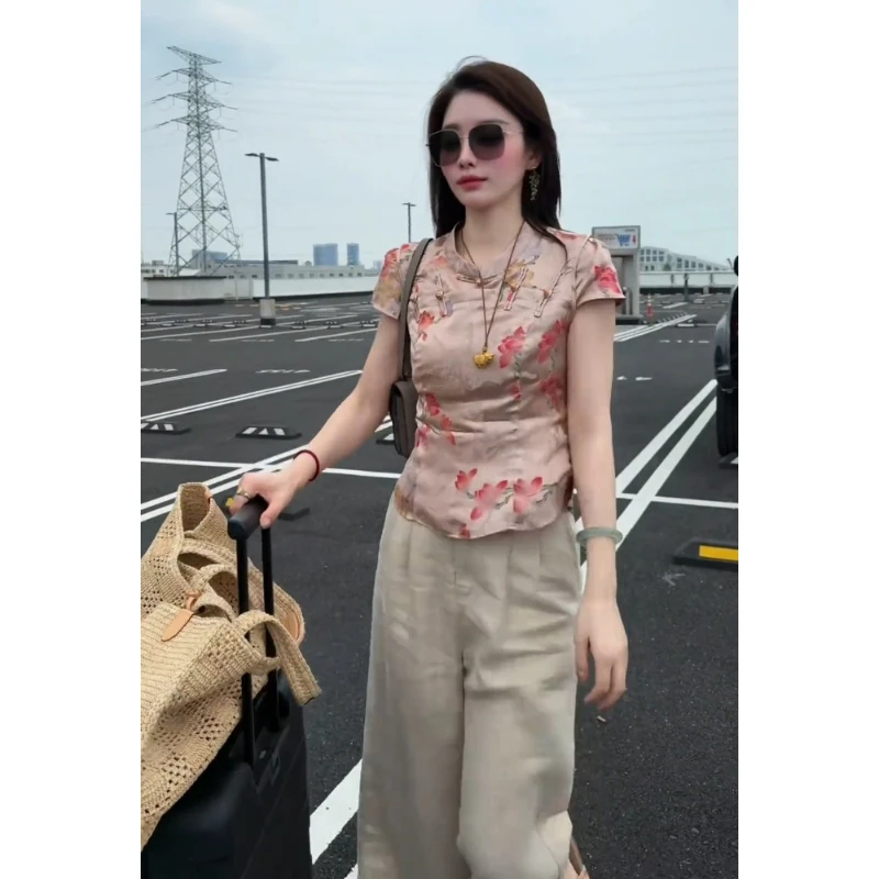 2025巨好看的小衫年轻版新中式国风精致圆领盘扣粉色短袖上衣女夏