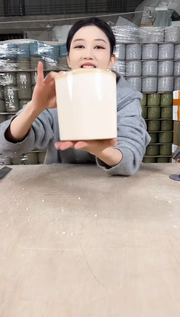 【闪购商品】陶瓷圆口直筒白麻14x14