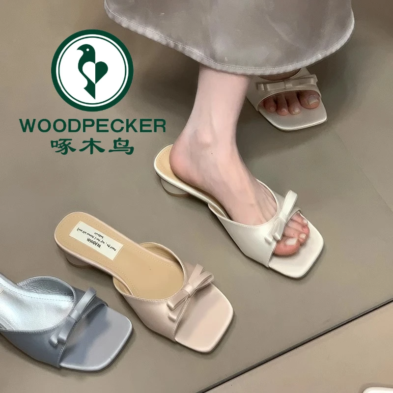 啄木鸟温柔蝴蝶结一字拖鞋女新款2025夏季外穿仙女风粗跟凉拖鞋子