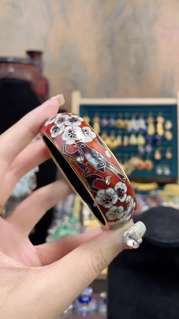 非遗手工景泰蓝开口银蓝镯子红色