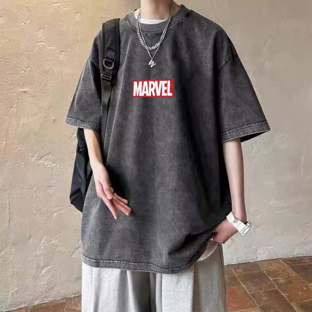 美式高街重磅纯棉短袖T恤男夏季新款水洗做旧字母印花宽松潮上衣