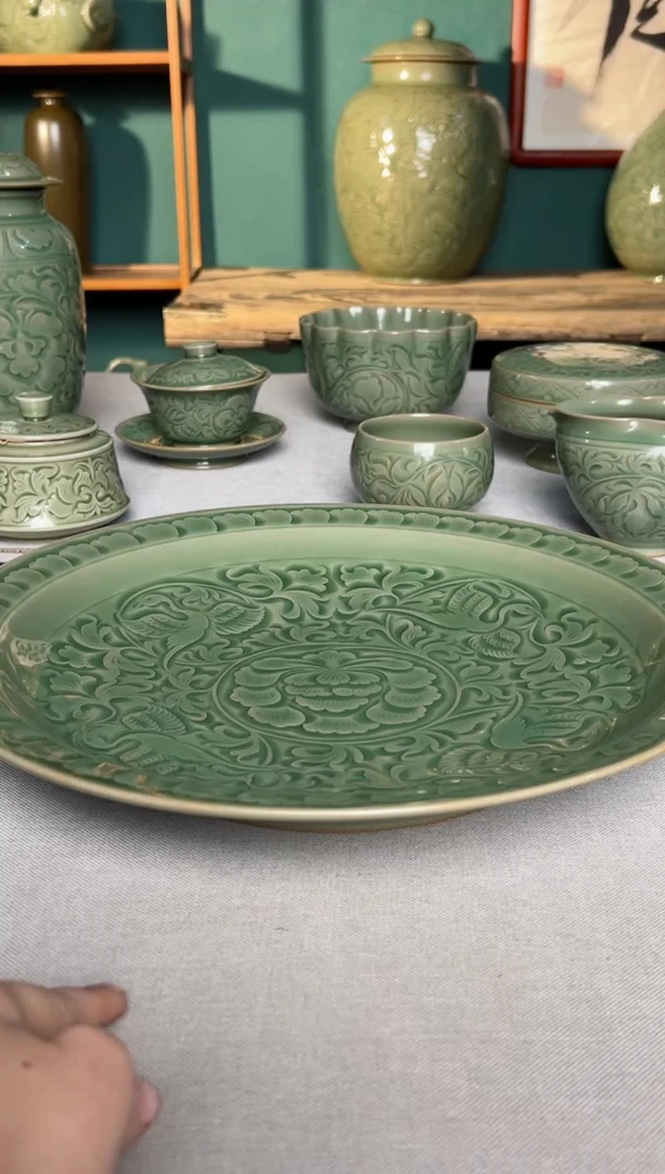 【闪购商品】其他纯手工秘色鹤衔牡丹折沿壶承赏盘