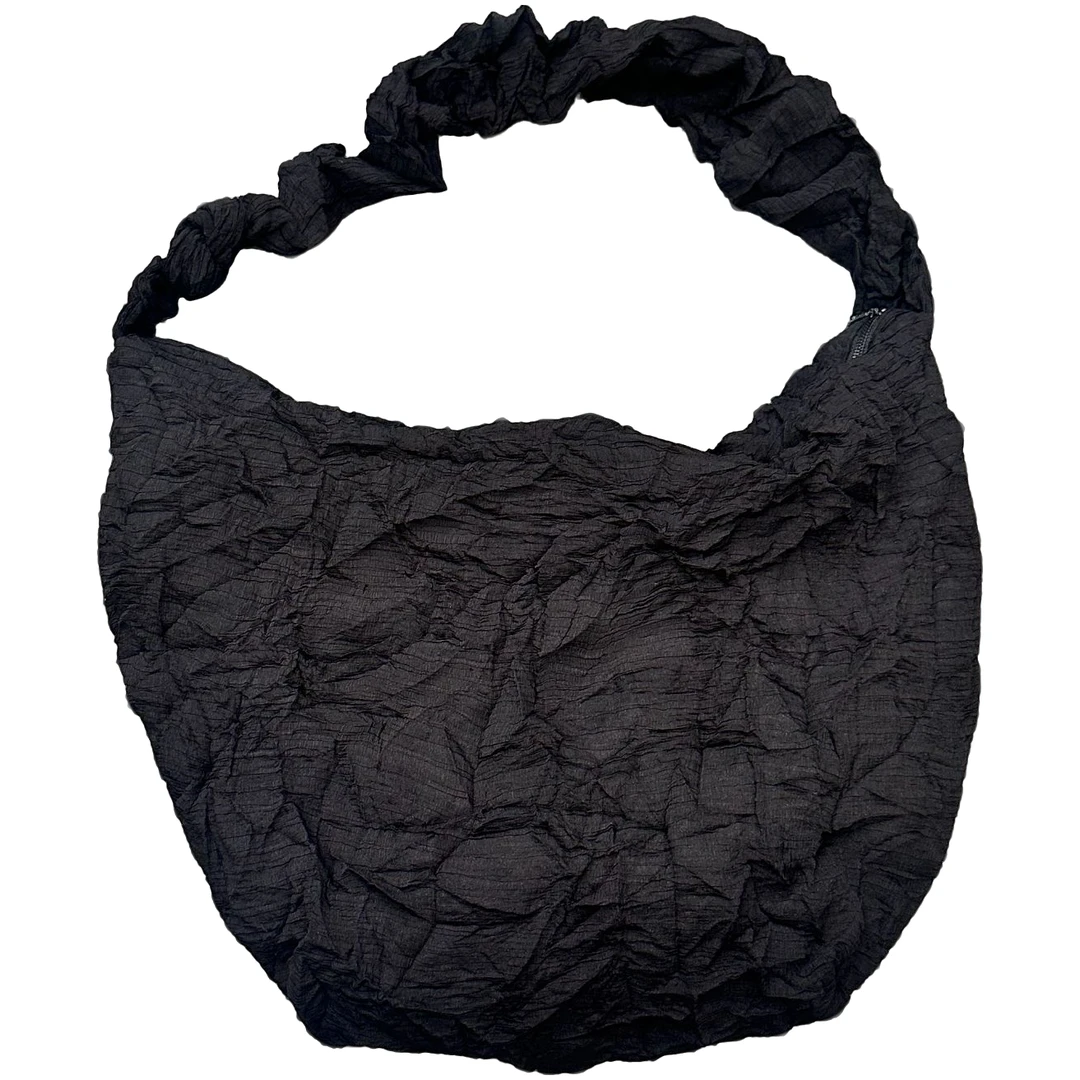 饺子型拉链暗袋单肩托特包斜挎包褶皱编织黑色工装风24219