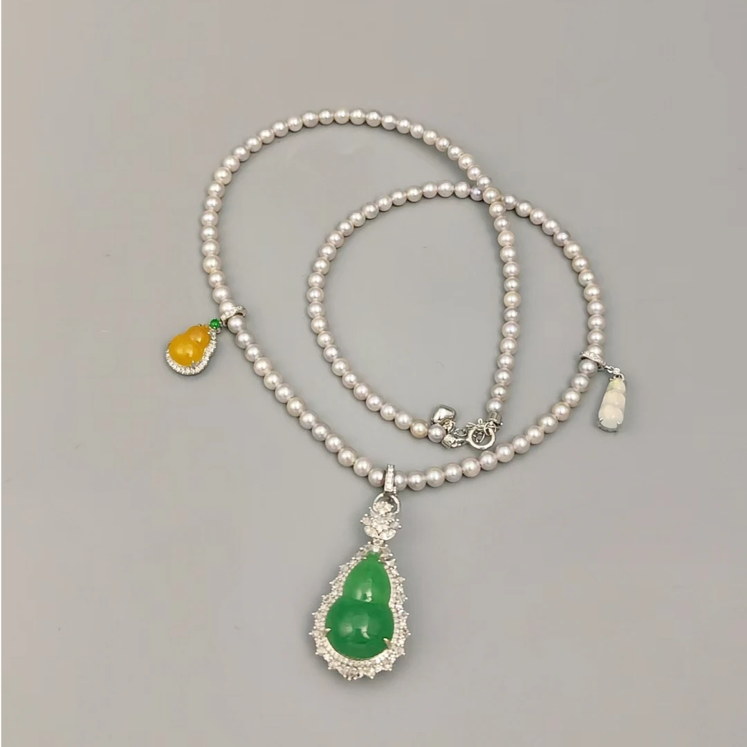 缅甸A货翡翠18K金镶嵌设计款真多麻海水珍珠套链